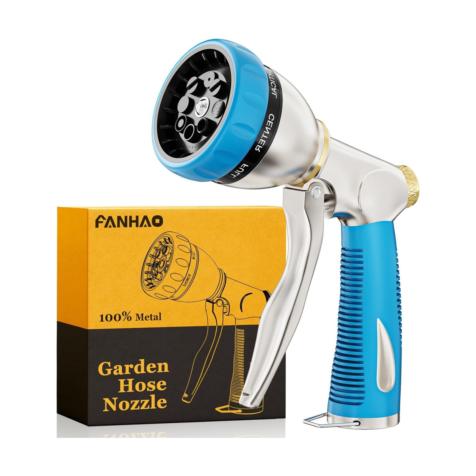 FANHAO Metal Garden Hose Nozzle Heavy Duty, 8 Spray Patterns, High Pressure | Comfortable Non-Slip Handle, Hands-Free