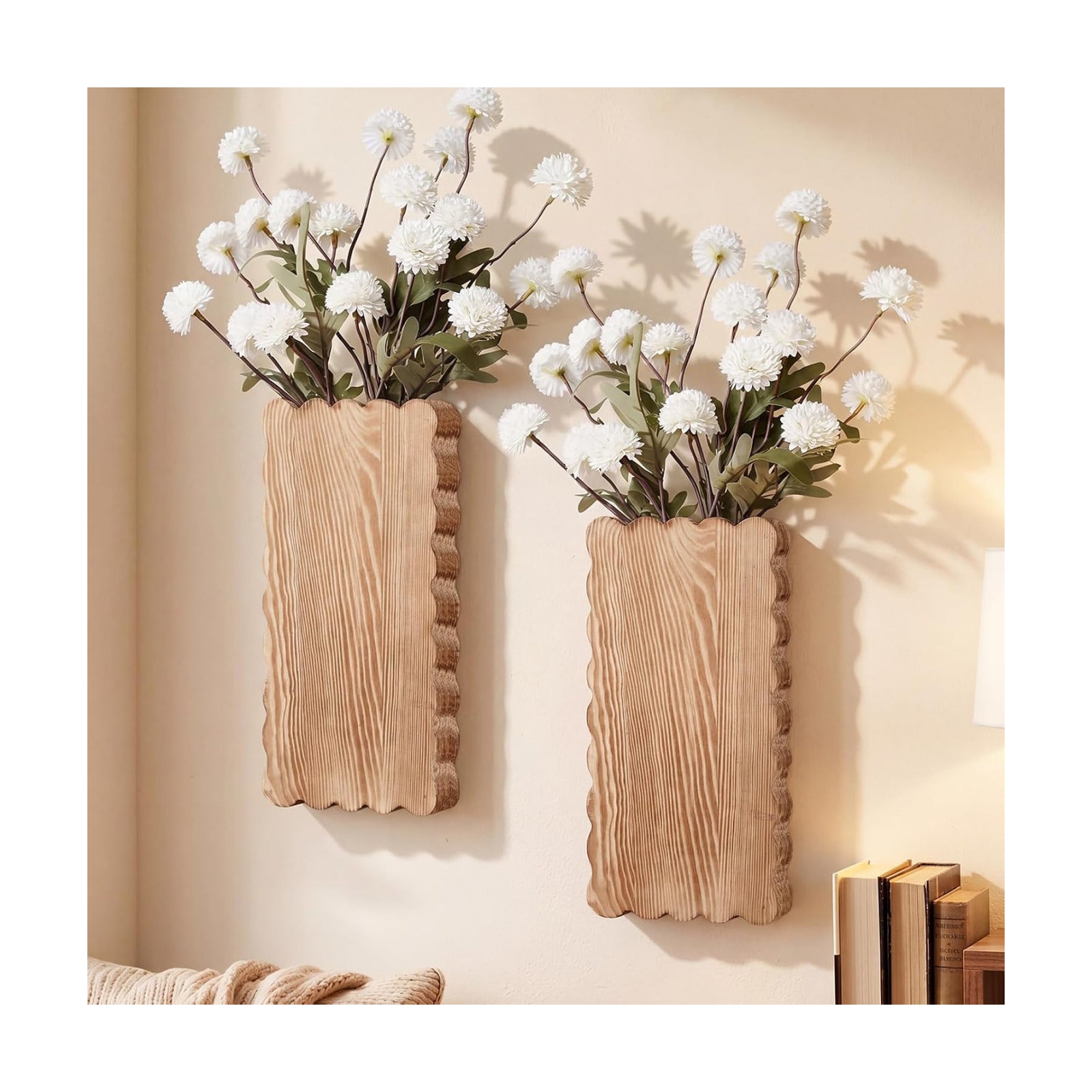 2 Pack Scalloped Wood Wall Planter Vases Rustic Hanging Pocket Planters for Indoor Fake Plants & Dried Flowers Modern