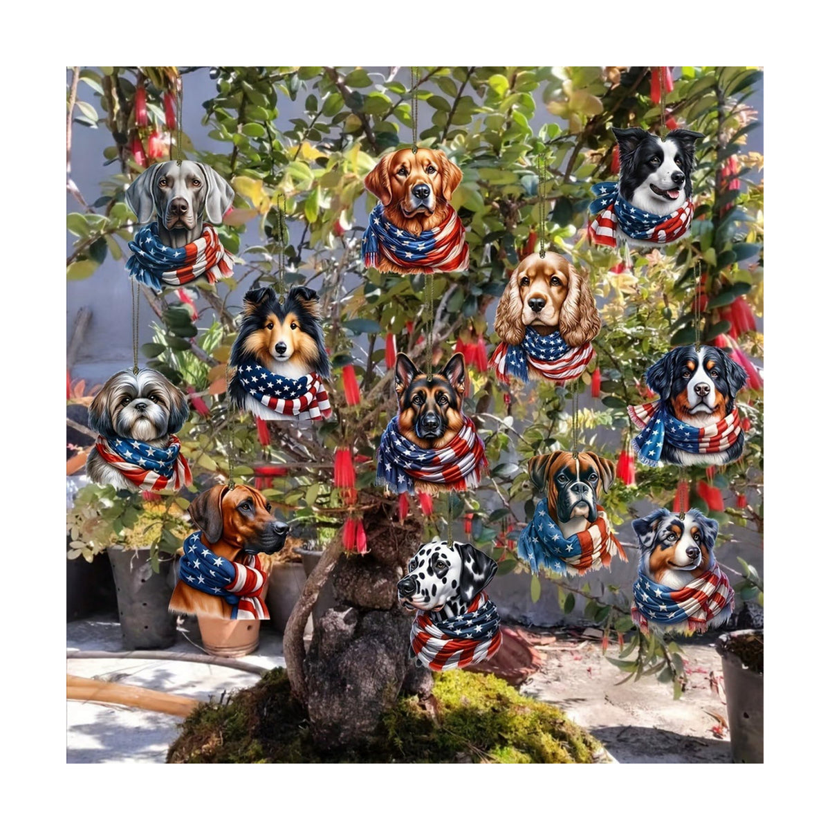 12 Pcs 4th of July Hanging Ornament for Tree 250th Anniversary Decor 2D Wooden Independence Day Cute Dog Designs Patriotic Animal Hanging Ornaments for Party Home Office Decoration