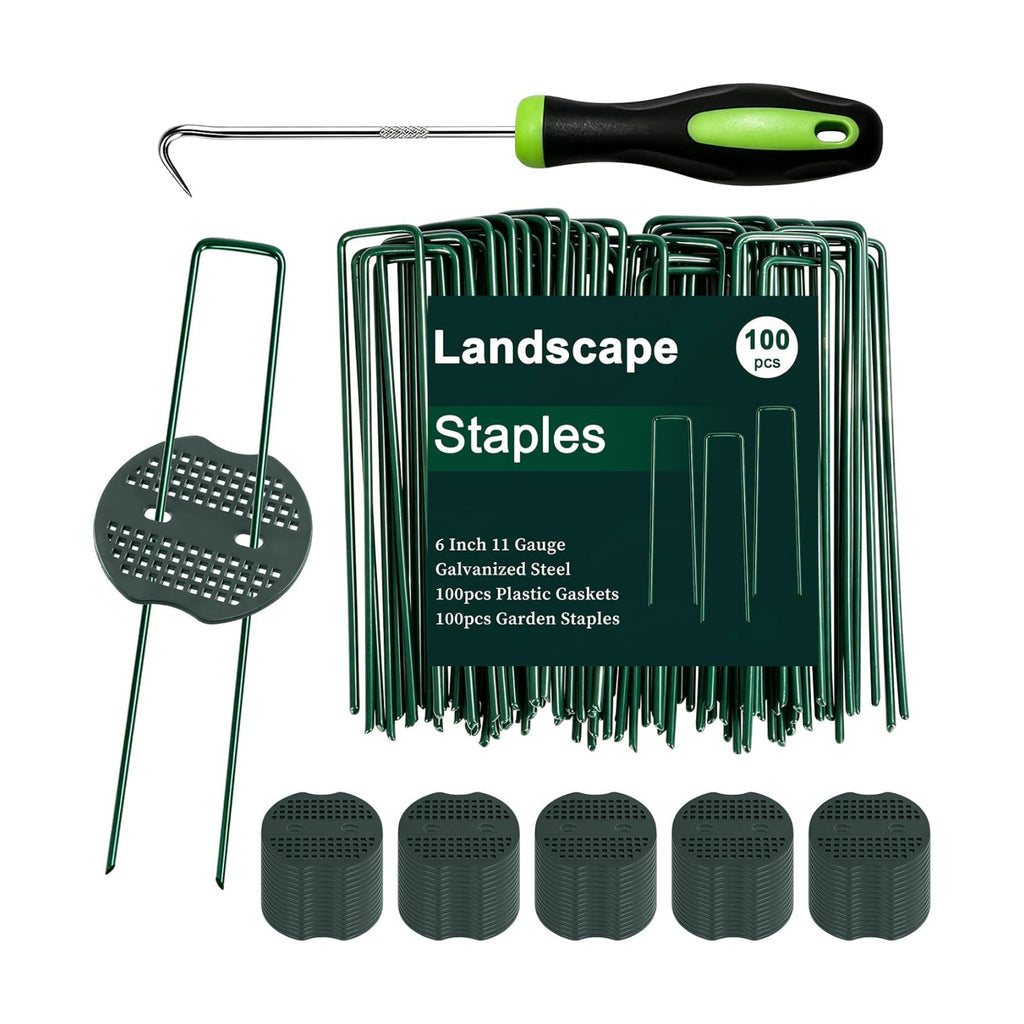 6 Inch 100 Pcs Galvanized Landscape Staples 100 Pcs Gaskets Pick Hook Garden Stakes 11 Gauge Anti-Rust Landscaping