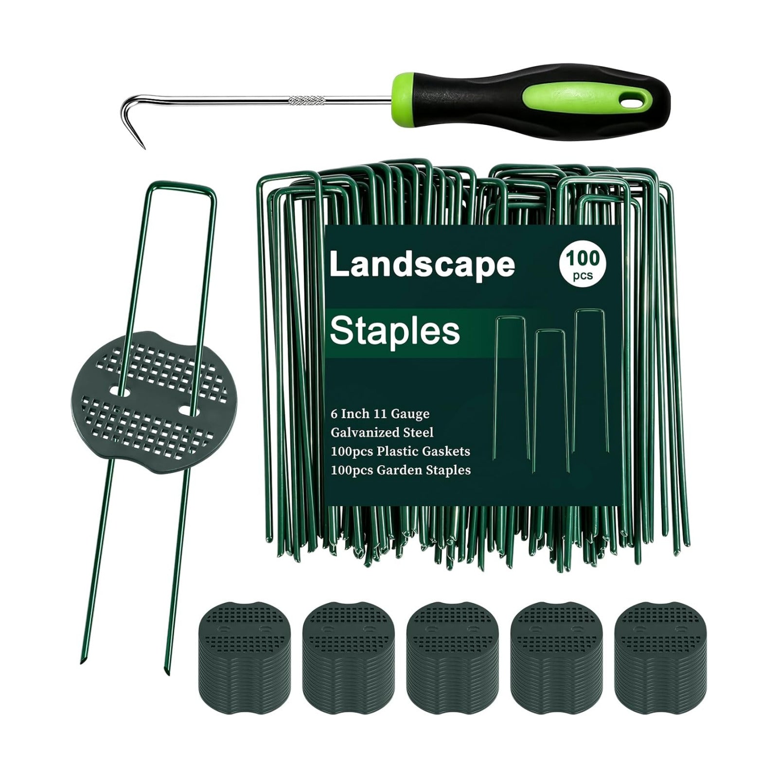 6 Inch 100 Pcs Galvanized Landscape Staples 100 Pcs Gaskets Pick Hook Garden Stakes 11 Gauge Anti-Rust Landscaping