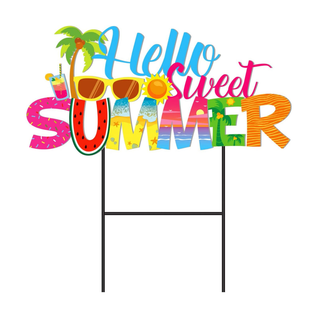 Amyhill Hello Sweet Summer Metal Garden Stakes Hawaiian Style Outdoor Yard Decorations with Stakes Tropical Beach Pool Decor Sign for Home Lawn Porch Backyard Holiday Decor
