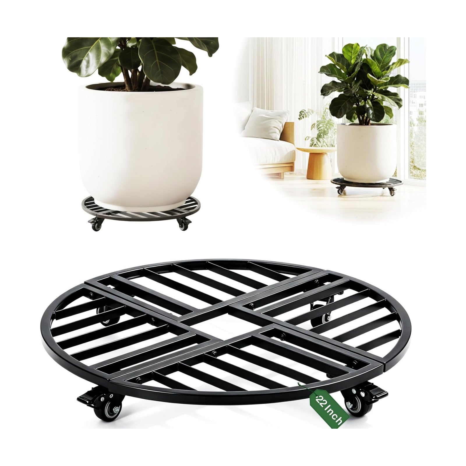 22" Round Metal Plant Caddy with Wheels Heavy Duty, 600lbs Capacity Rust-Proof Plant Stand with Lockable Caster Wheels