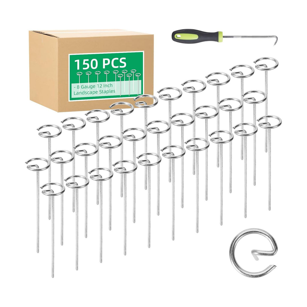 150 Pack 12 Inch Landscape Staples, Thickened 8 Gauge Circle Top Garden Stakes Heavy Duty Galvanized Landscape Fabric