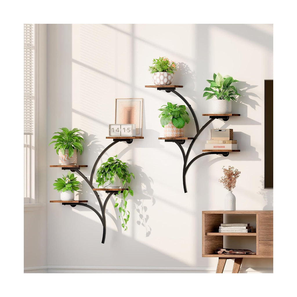 2 Pack Wall Mounted Plant Holder, 8-Tier Wall Planters for Indoor Plants | Metal and Wood Wall Planters, Easy To