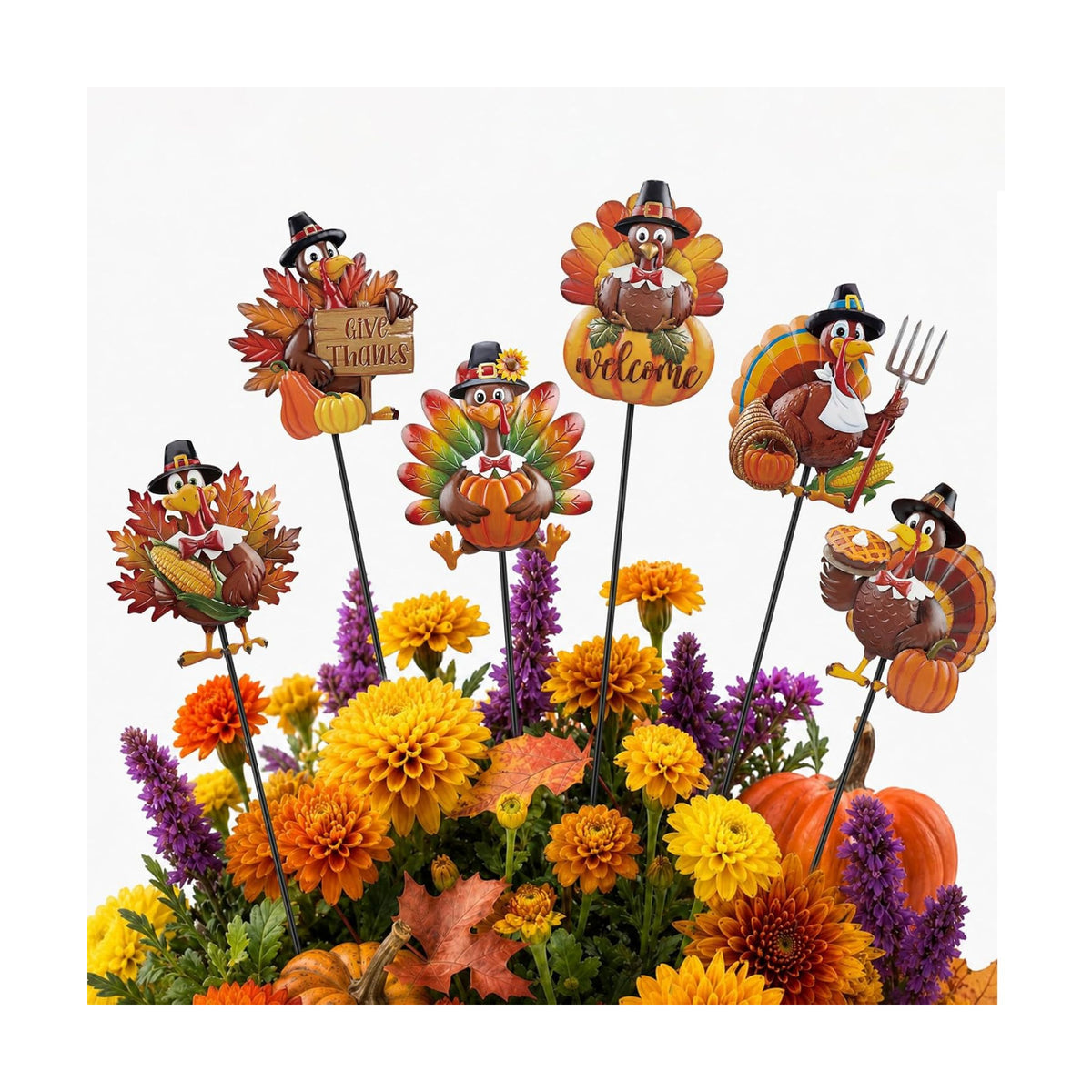Shimeyao 6 Pcs Turkey Metal Fall Garden Stakes, Thanksgiving Yard Signs