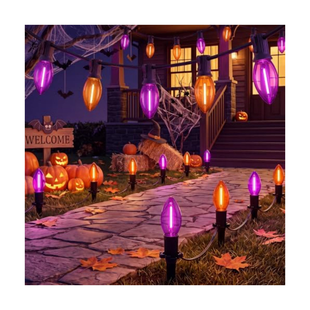 Halloween Pathway Lights 19.5FT, 10 C9 LED Purple & Orange Bulbs Plug In