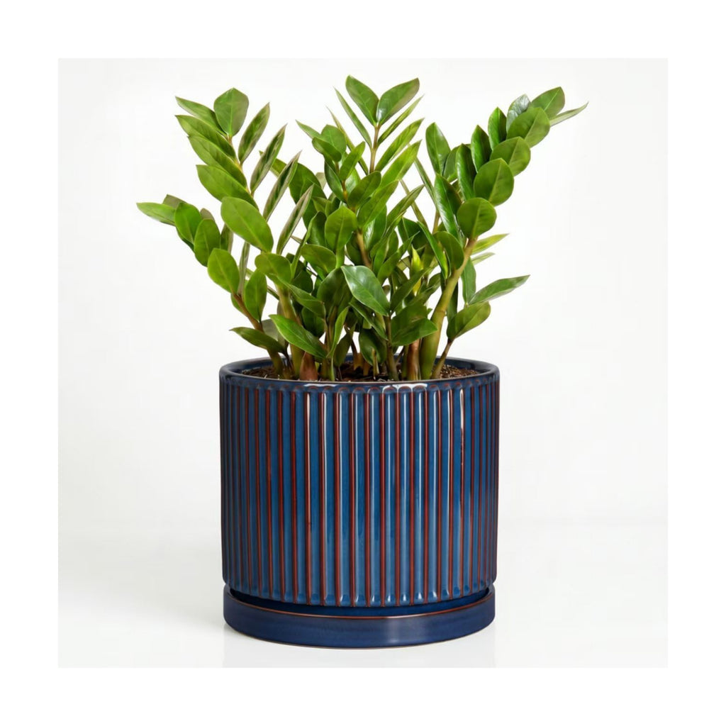 Ceramic Planter, 10 Inch Plant Pots with Saucer, Retro Blue
