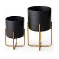 Kirpi Modern Planter Pots, Set of 2 Round Black Planters with Gold Stand, Decorative Floor Planters, Steel Pots with