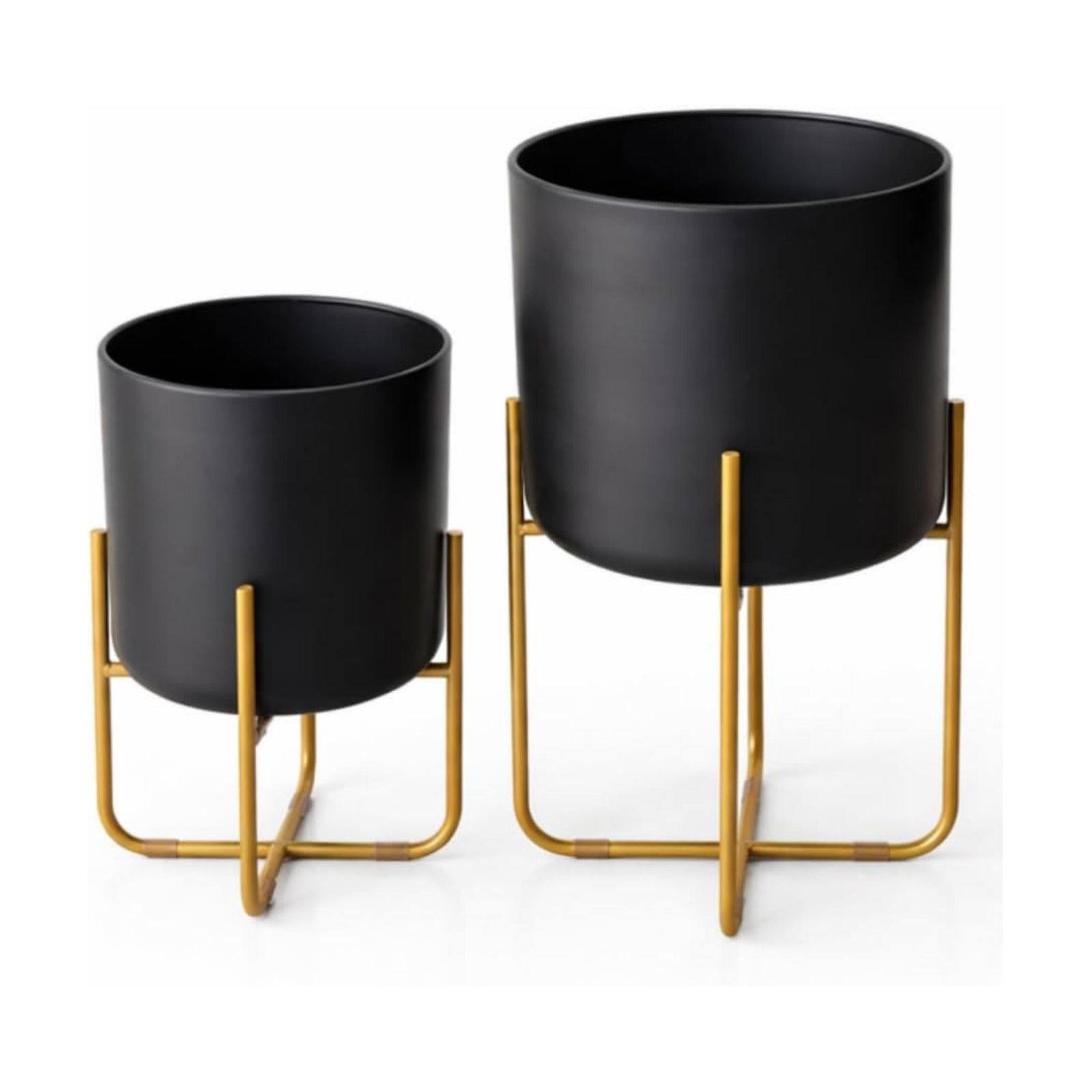 Kirpi Modern Planter Pots, Set of 2 Round Black Planters with Gold Stand, Decorative Floor Planters, Steel Pots with