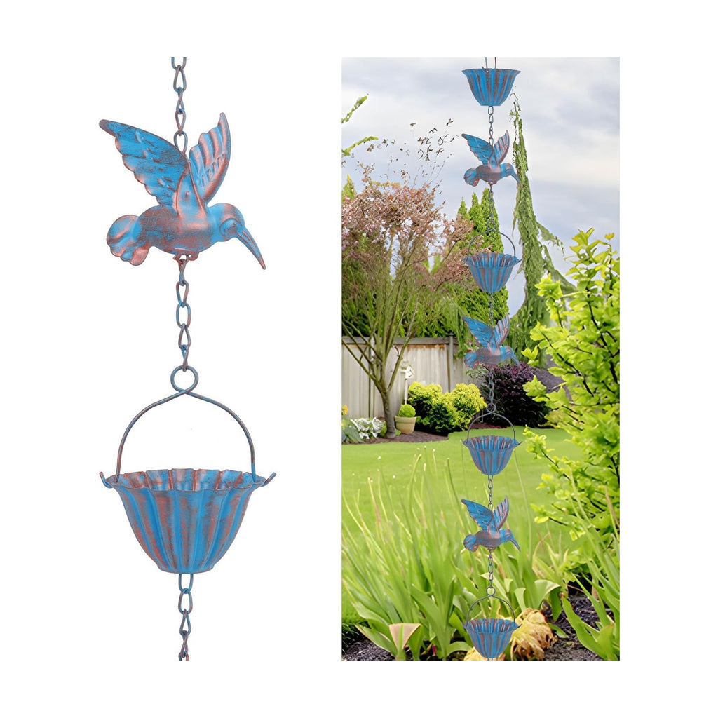 Hummingbird Rain Chain, 7.8 FT 7-Cup Adjustable Gutter Rain Catcher (Blue) | Adjustable Rust Resistant Outdoor Rain