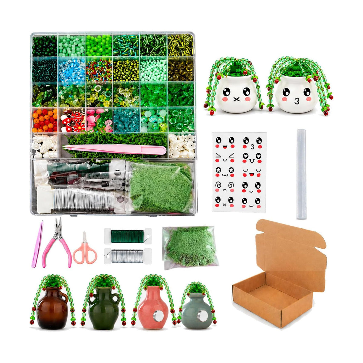Vittqsuier 4607pcs DIY Green Glass Beads Plant Kit, Includes 4 Mini Vase Magnets for Fridge, 2 Plant Pots, Perfect for