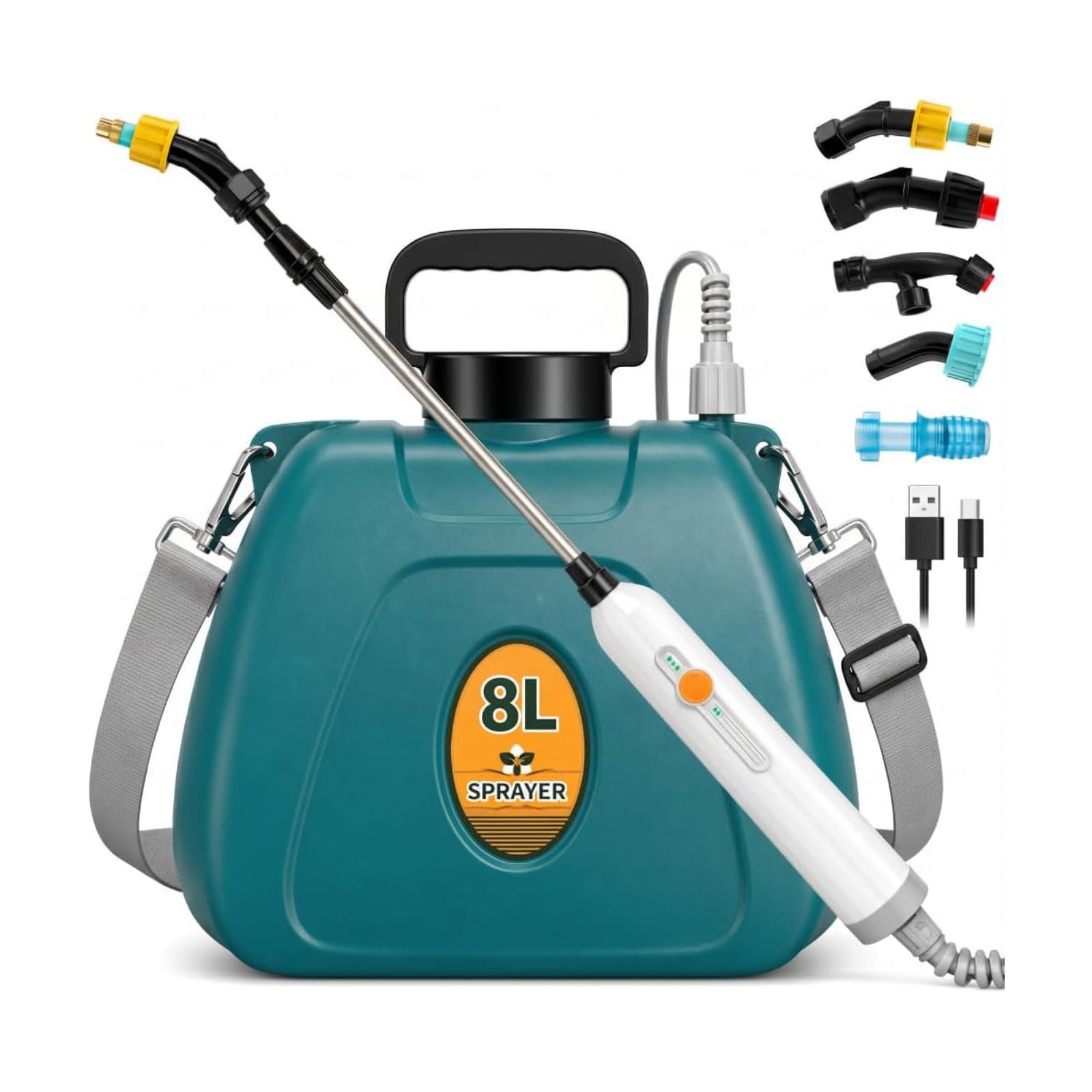 2 Gallon Battery Powered Sprayer, Electric Pump for Weed Killing & Fertilizing, 5 Nozzles, 2500mAh Rechargeable Garden
