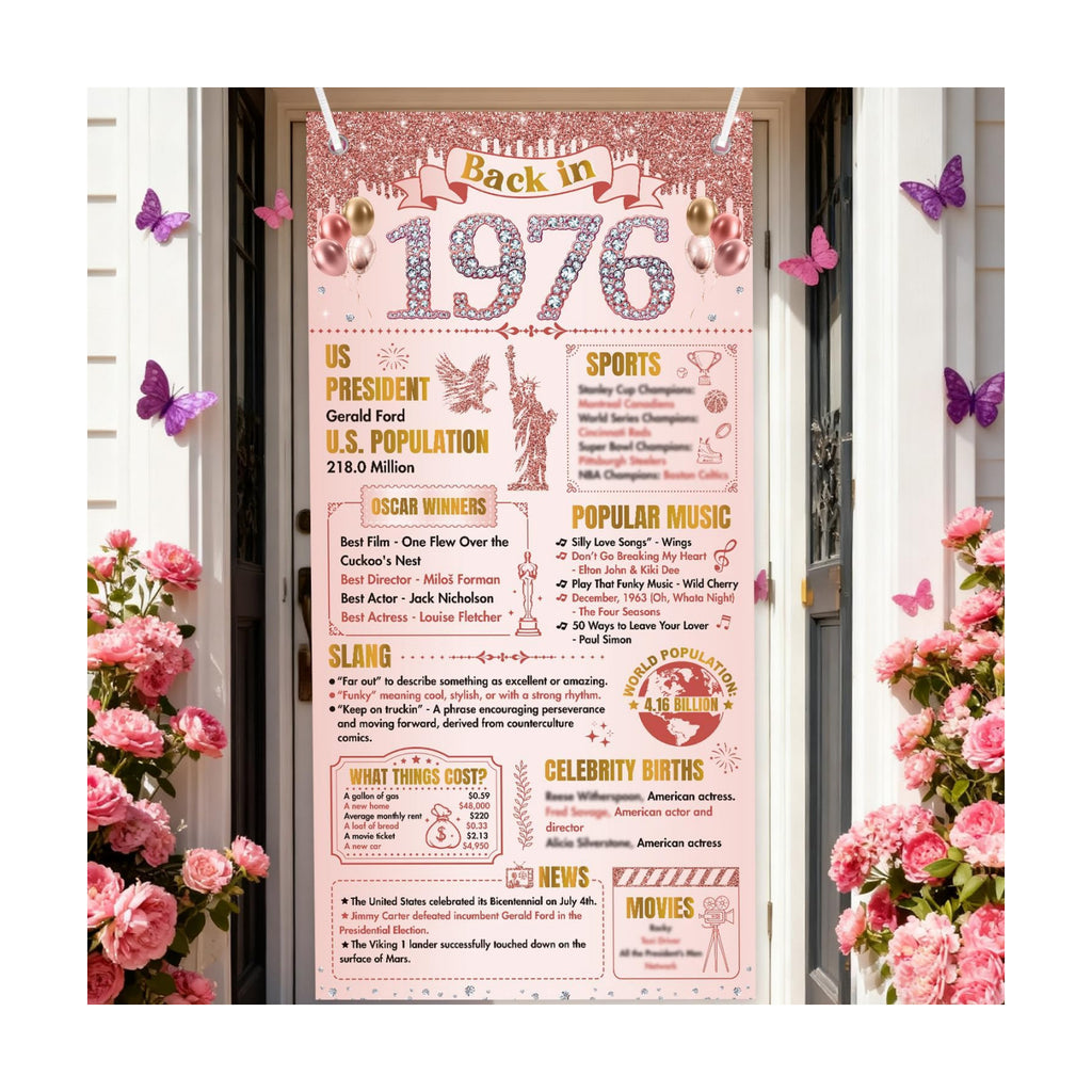 50th Birthday Decorations for Women, Rose Gold Back in 1976 Door Cover Decor, Fifty 50 Years Old Bday Large Front Door Cover Sign Backdrop Banner Supplies Decor, 3x6 Ft