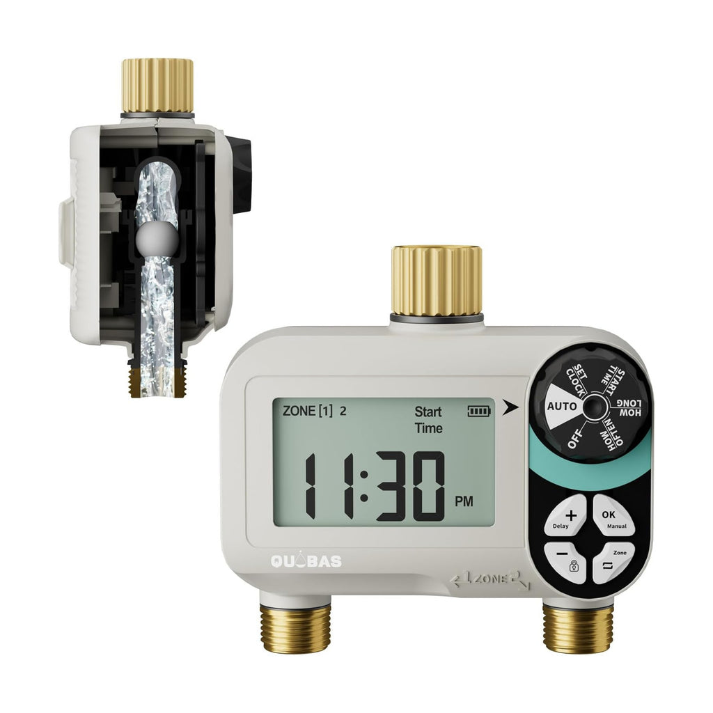 QUOBAS Zero Pressure Water Timer, Brass Sprinkler Timer for Garden Hose | Programmable Hose Timer with Child Lock