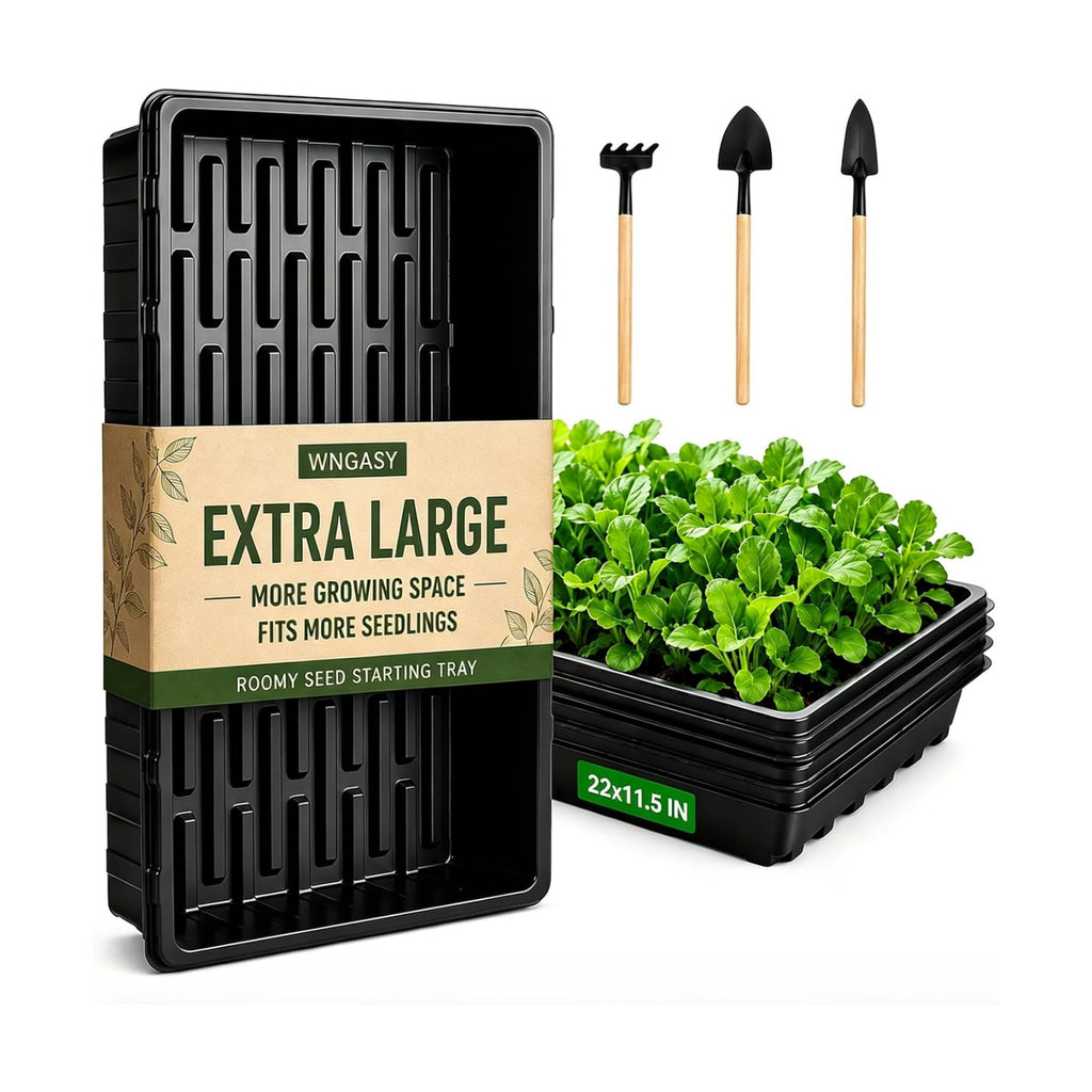 10 Pack Plant Growing Trays No Drain Holes, 21 x 11 x 2.5 in Durable Seed Starter Trays with 3 Mini Gardening Tools