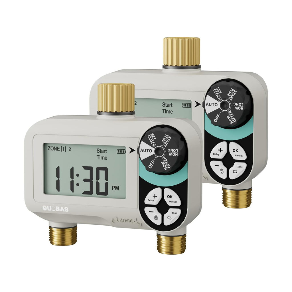 QUOBAS Zero Pressure Water Timer, Brass Sprinkler Timer for Garden Hose | Programmable Hose Timer with Child Lock, Rain