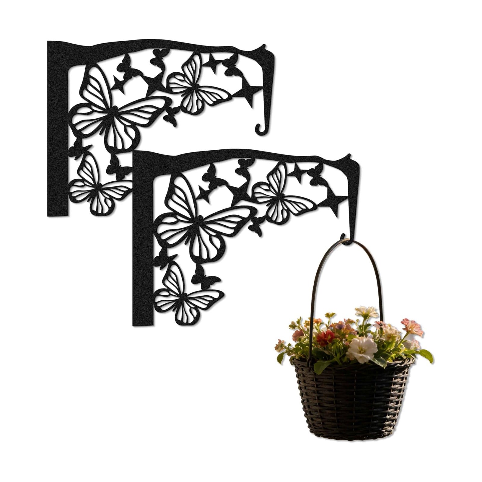 Set of 2 Black Metal Butterfly Plant Wall Hanger Hook for Outdoor Indoor, Hanger Bracket for Blasket Pot Staghorn Fern