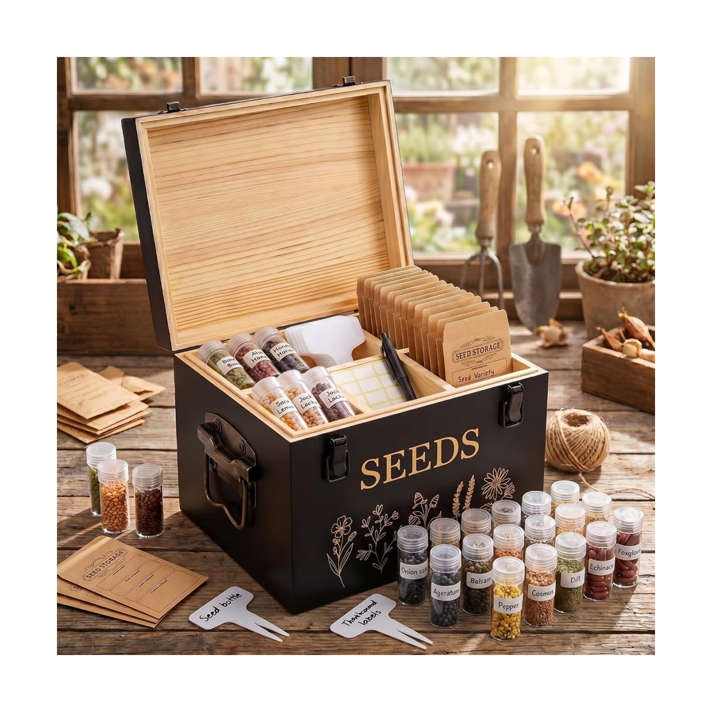 Bamboo Wood Seed Storage Organizer Box with 30 Slot & Envelopes & Labels, 40 Stickers and Pen, Seed Saving Box with Lid