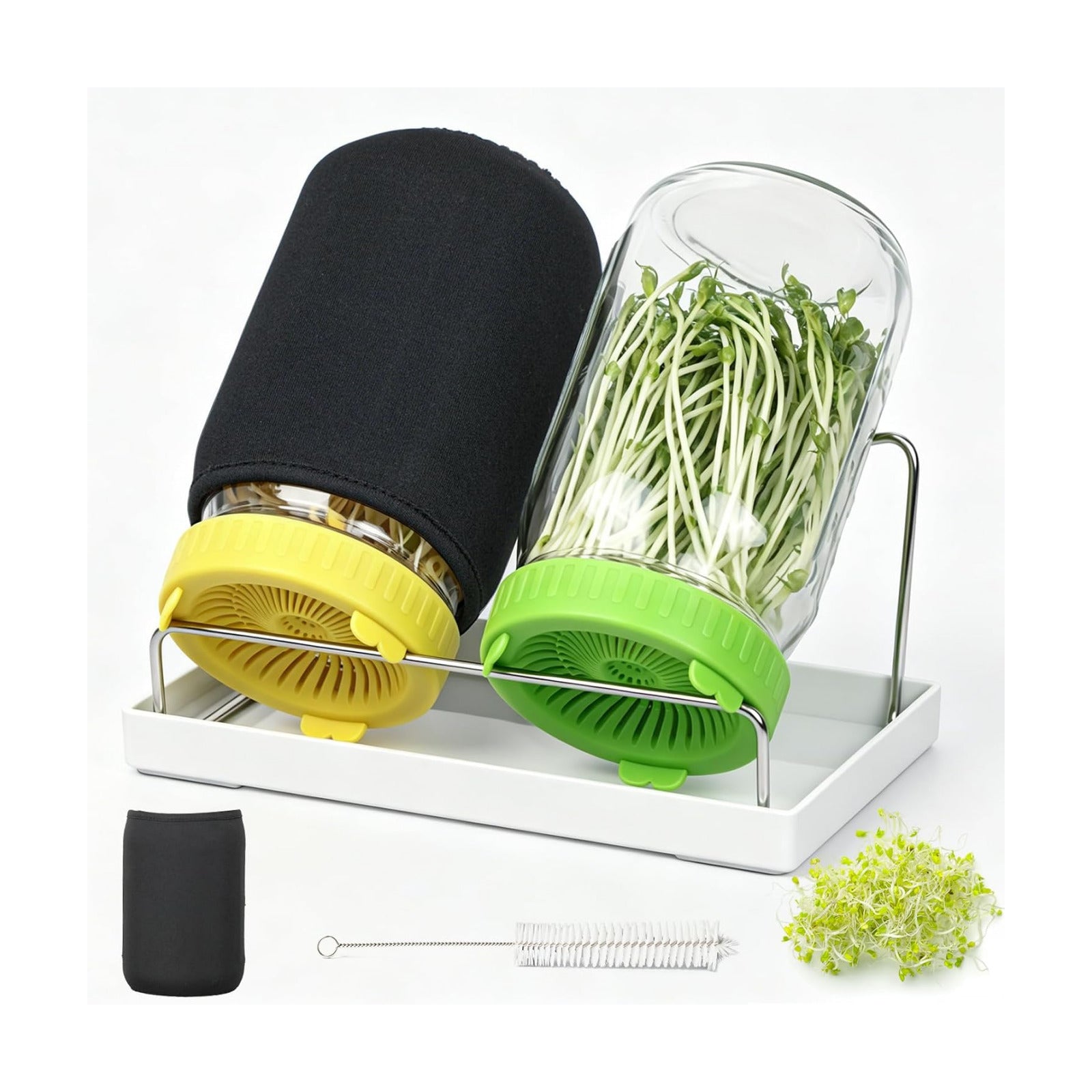 Seed Sprouting Kit - 2×32 Oz Wide-Mouth Mason Jars with Sprouter Lids, Stand, Sprout Tray & Light Shield, for Broccoli