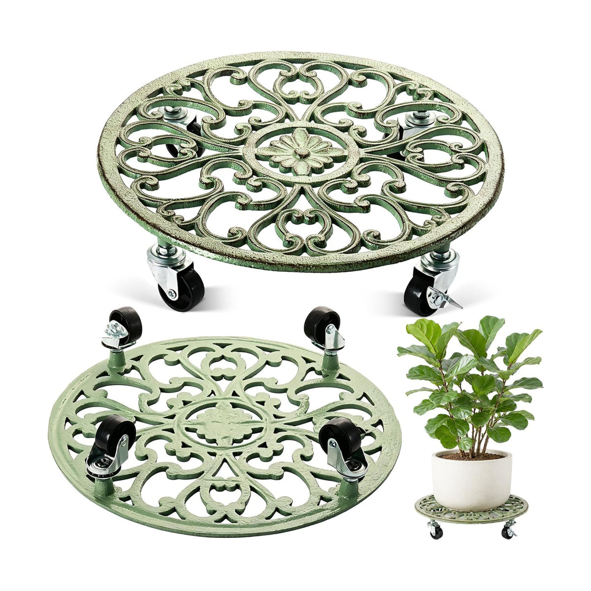 2 Pack Rolling Plant Caddy with Wheels Heavy Duty, 14 Inch Cast Iron Plant Rollers with Wheels, Planter Stand on Metal