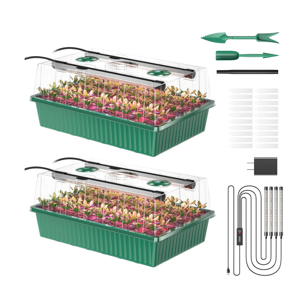 Seed Starter Tray, 120-Cells Seed Starter Kit with Grow Light, 2 Pack Reusable Seeding Starter Trays with Air Vent Humidity Domes for Greenhouse Gardening Indoor Planting Growing (Green Base)