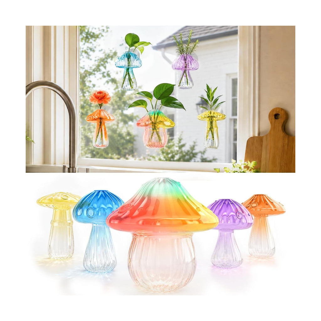 5Pcs Mushroom Propagation, Borosilicate Glass Vases, 6kg Suction Cups | Handcrafted 2.6mm thick glass|5 unique colors