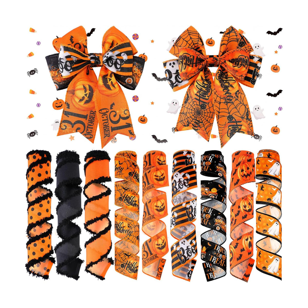 9 Roll 45 Yards Ghost Pumpkin Halloween Wired Ribbons for Wreath Bow