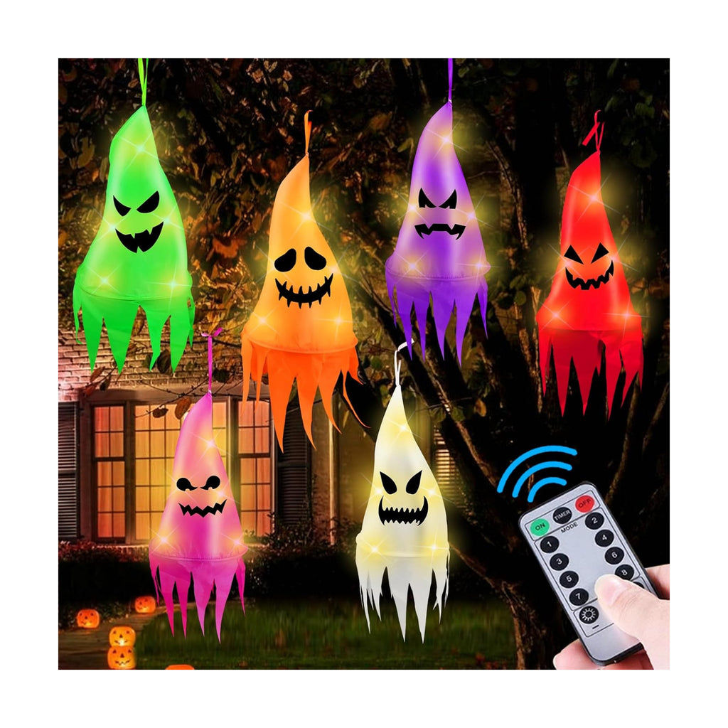 Remote Control - 6 Pcs Halloween Hanging Ghosts with 8 Modes 30 LED Lights,13 FT Long Halloween Decorations Outdoor Hanging Ghosts with Witch Hat,Waterproof for Yard, Lawn, Porch, Garden Tree Outside