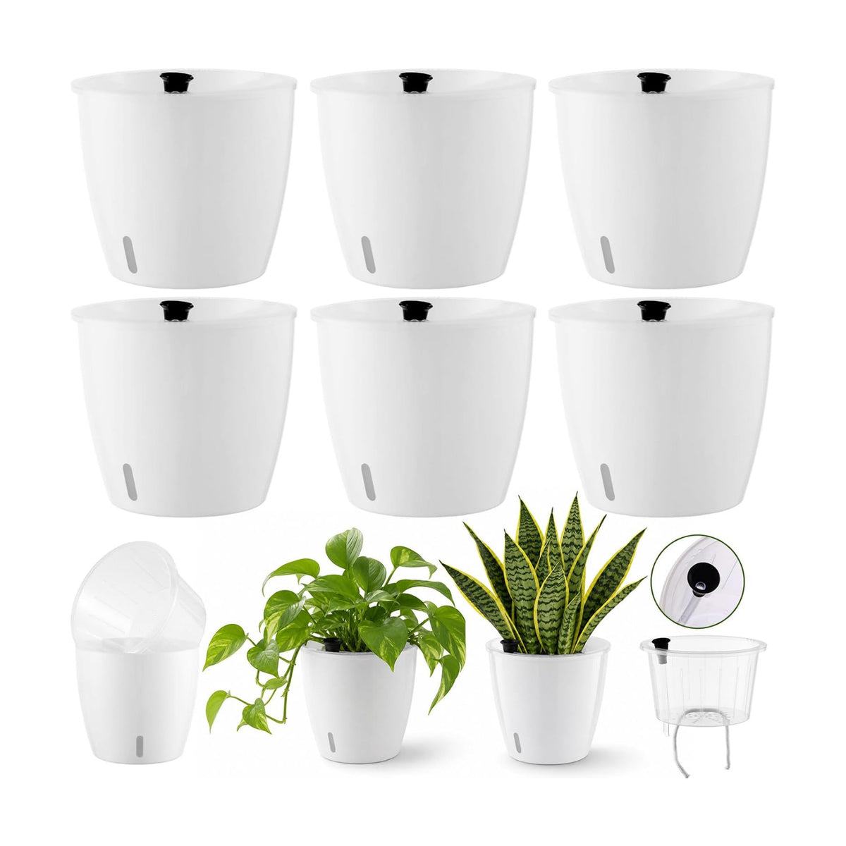 Upgraded Self Watering Pots for Indoor Plants, 6-Pack 6.7 Inch Top-Fill Self Watering Planter with Water Window, Orchid Pots, Clear Wick Inner Basket with Drainage, White