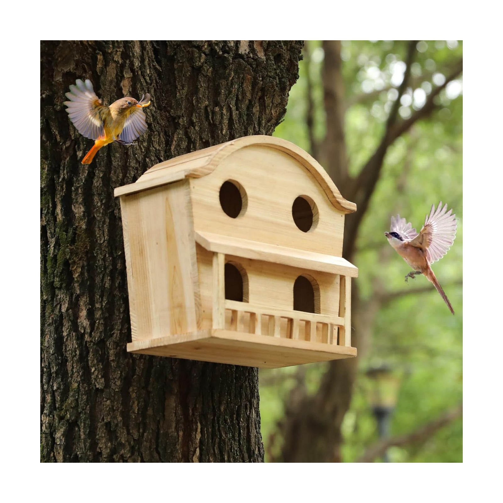 Bird Houses for Outside, 4 Hole Wooden Birdhouse for Outdoor Large Hanging Bird House Backyard Birding & Wildlife