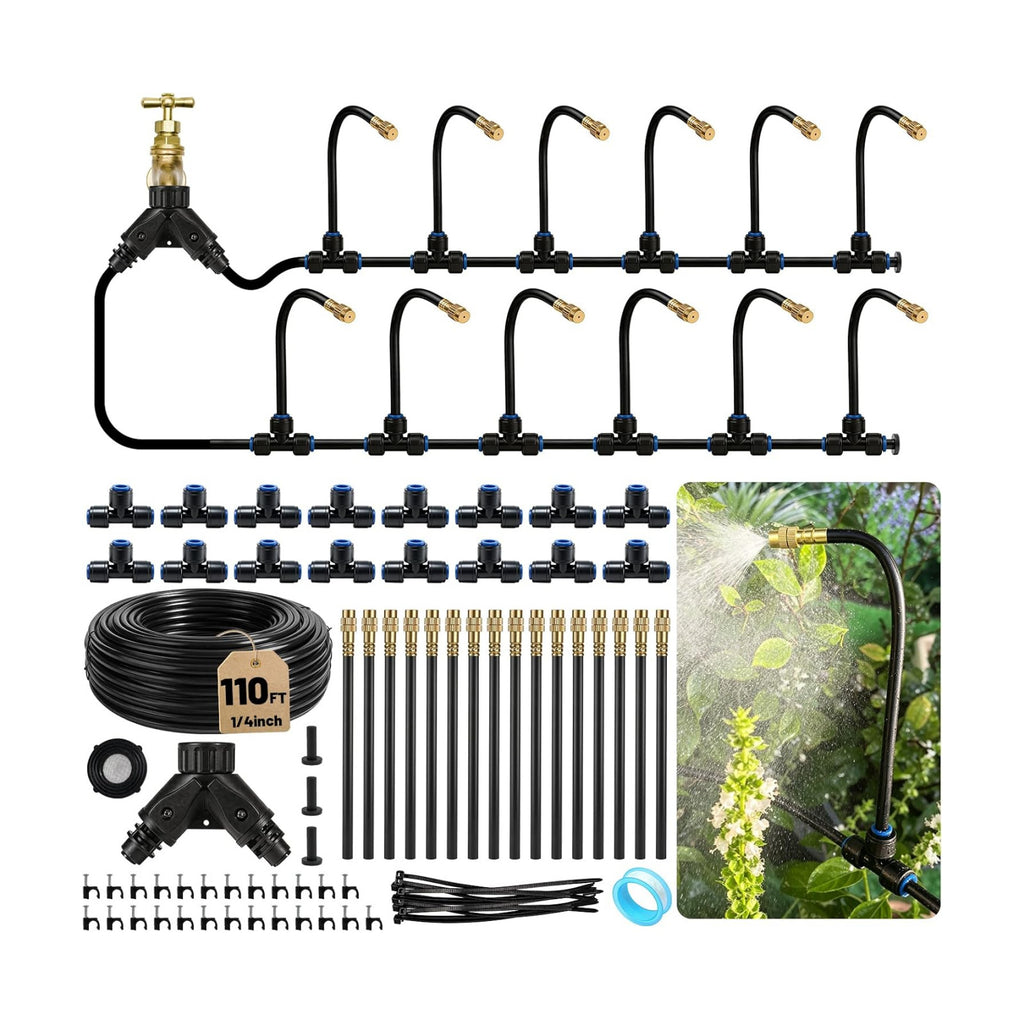 Riboud 110Ft Drip Irrigation System, 2026-Upgrade Garden Watering Kit with 16 Adjustable Copper Rotating Arm Nozzles