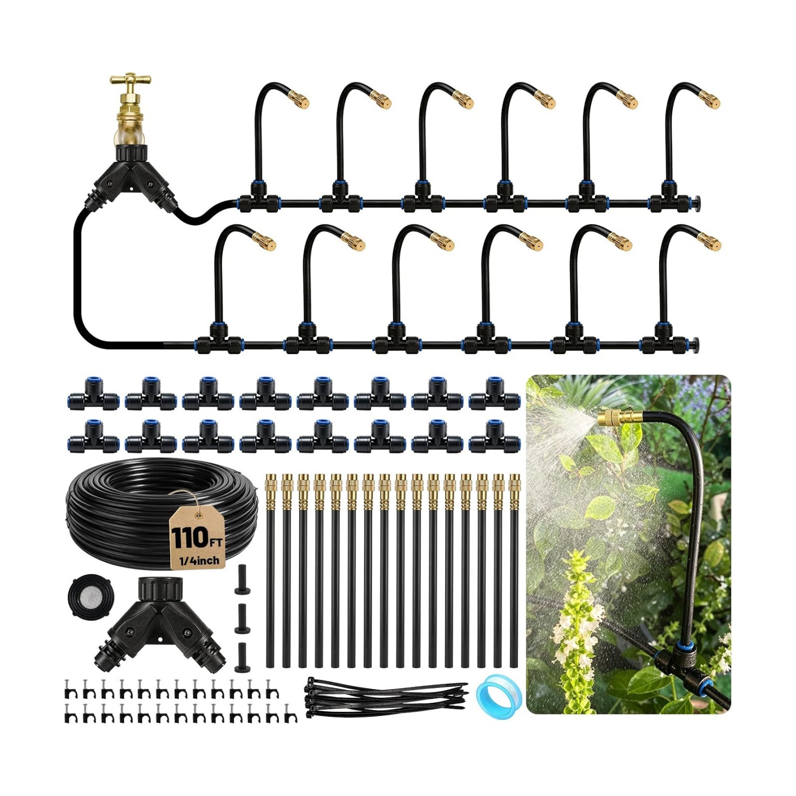 Riboud 110Ft Drip Irrigation System, 2026-Upgrade Garden Watering Kit with 16 Adjustable Copper Rotating Arm Nozzles
