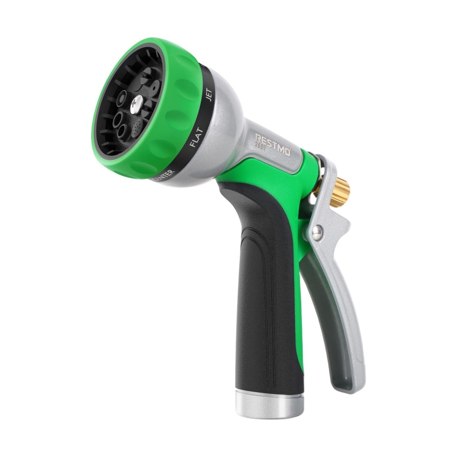 RESTMO Garden Hose Nozzle Heavy Duty, Rear Trigger Water Sprayer, Green | 7 Adjustable Spray Patterns, Durable Metal