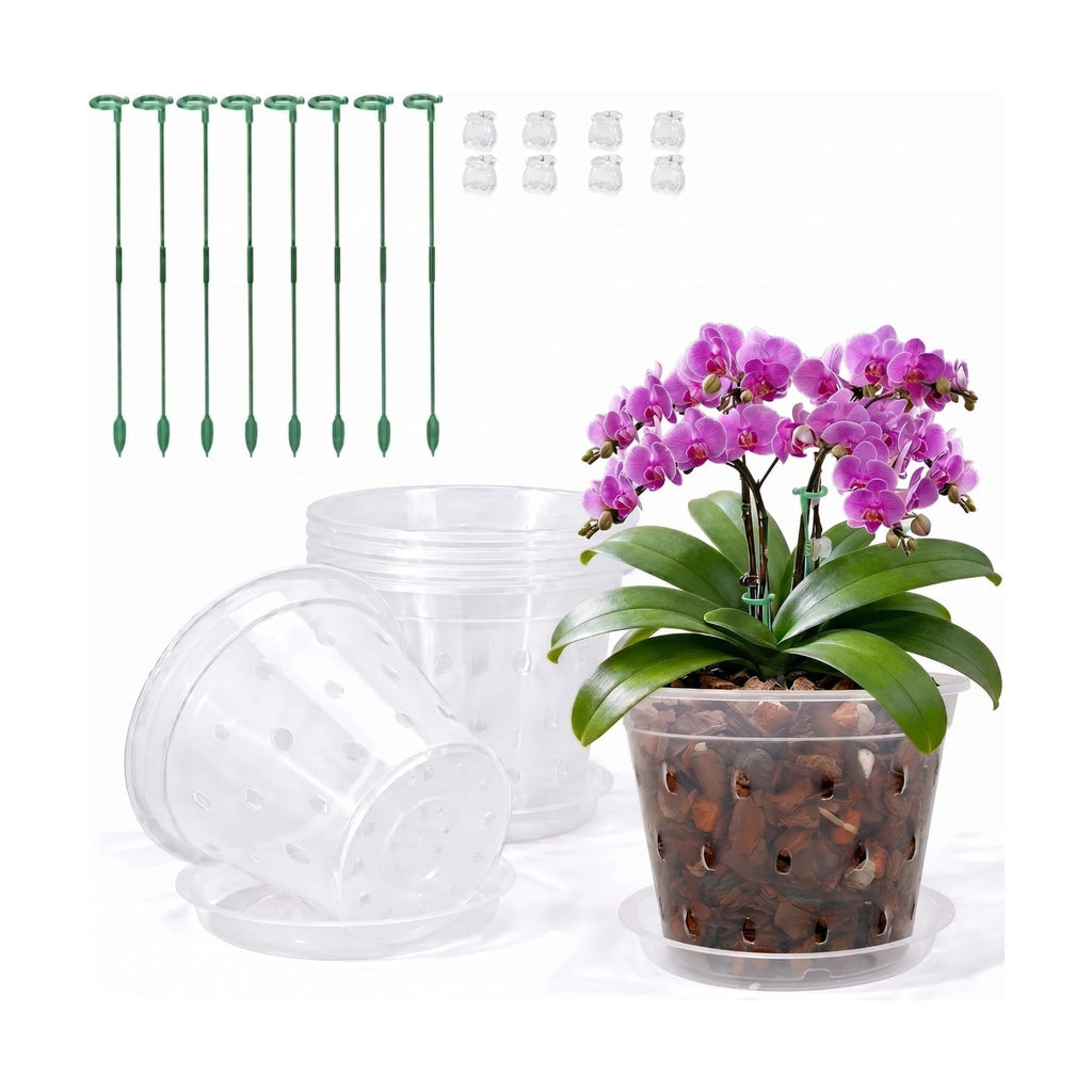 Orchid Pot -6 Pack 6 Inch Orchid Pots with Holes and Saucers, Clear Plastic Plant Pots with 8 Support Stakes and Clips, Orchid Repotting Kit for Indoor Plants (6 Inch)
