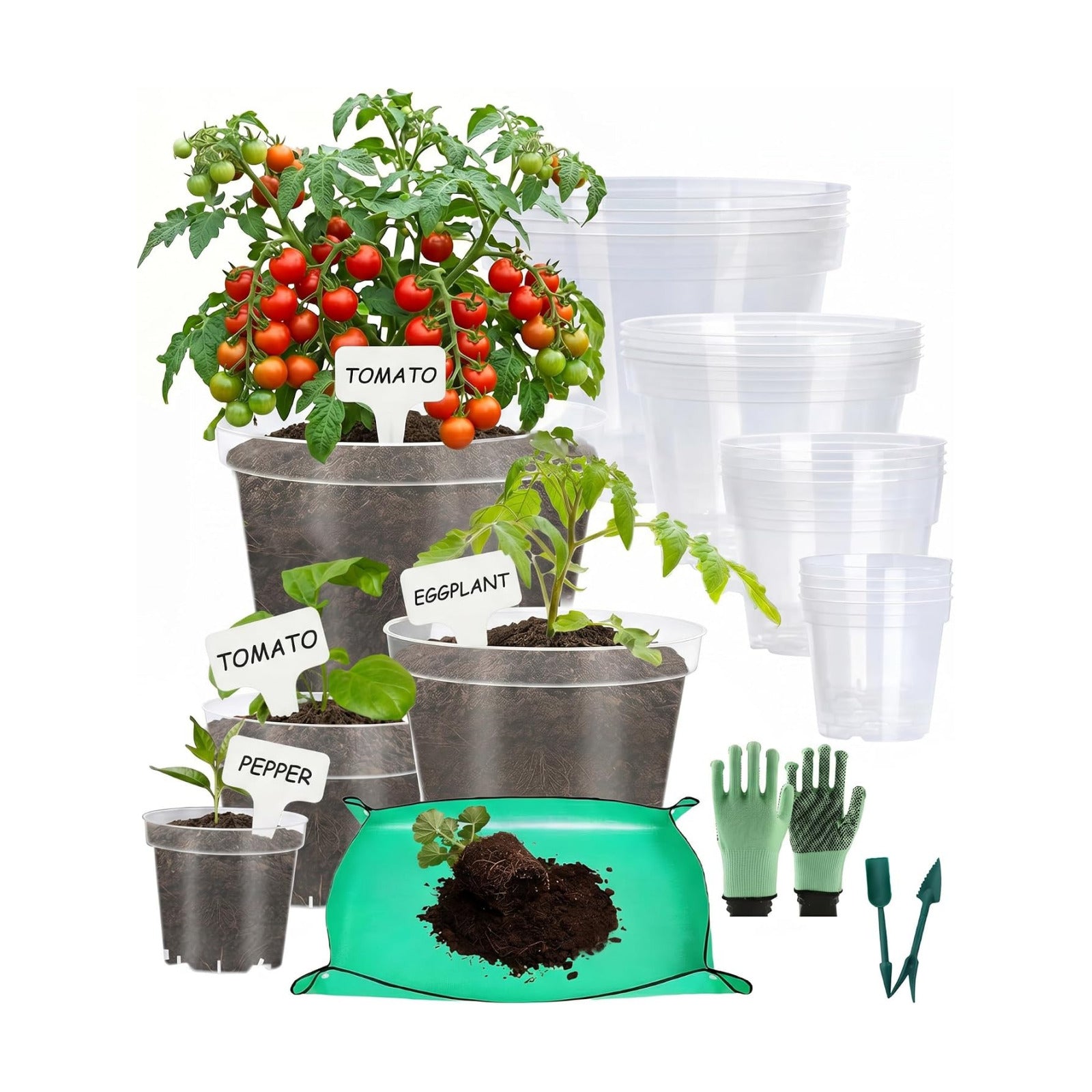 16 Pack 10/8/6/4 Inch Sizes Large Clear Nursery Pots with Drainage | Plastic Plant Pots with Garden Tools & Labels
