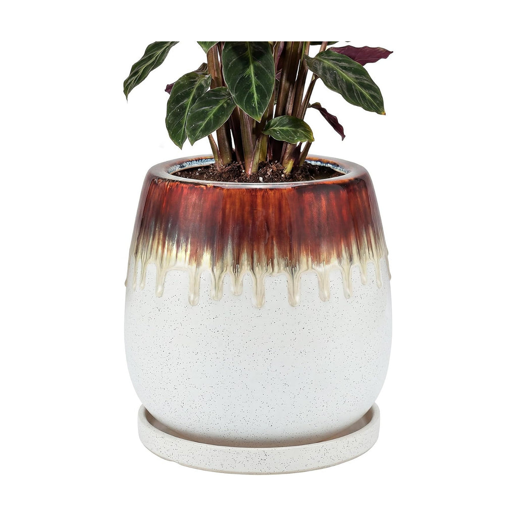 10.3 Inch Ceramic Glaze Plant Pot with Saucer, Flower Pots with Drainage Hole Mesh Net (Hemp-White)