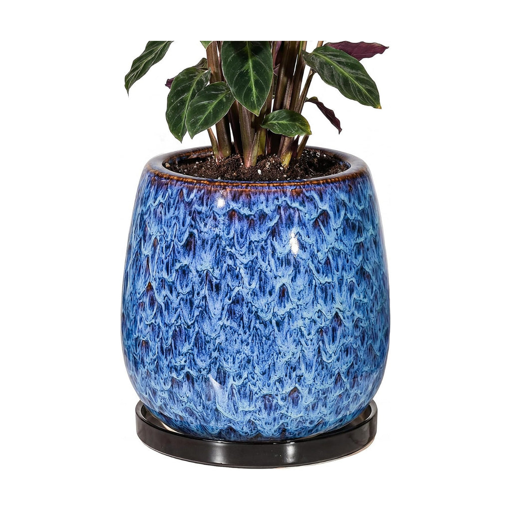 10.3 Inch Ceramic Glaze Plant Pot with Saucer, Flower Pots with Drainage Hole Mesh Net (Blue)