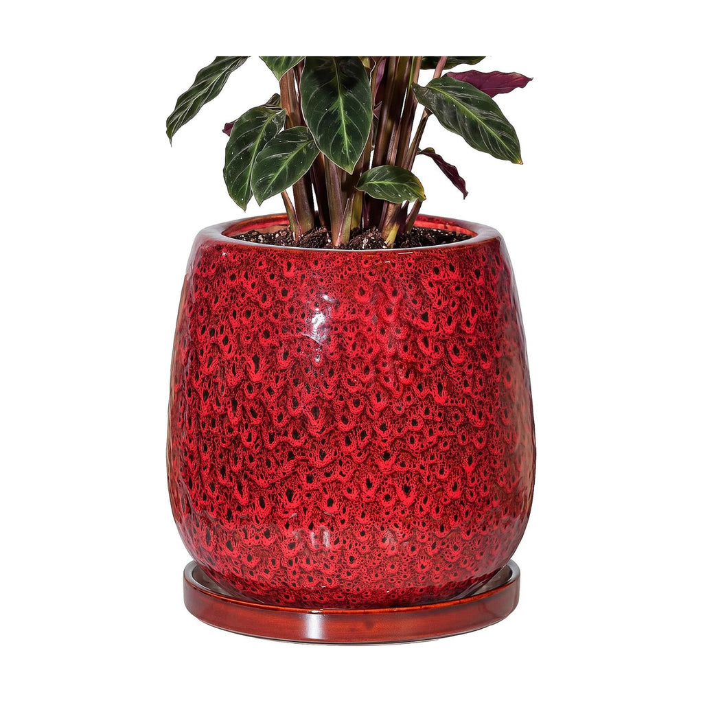 10.3 Inch Ceramic Glaze Plant Pot with Saucer, Flower Pots with Drainage Hole Mesh Net (Spot Red)