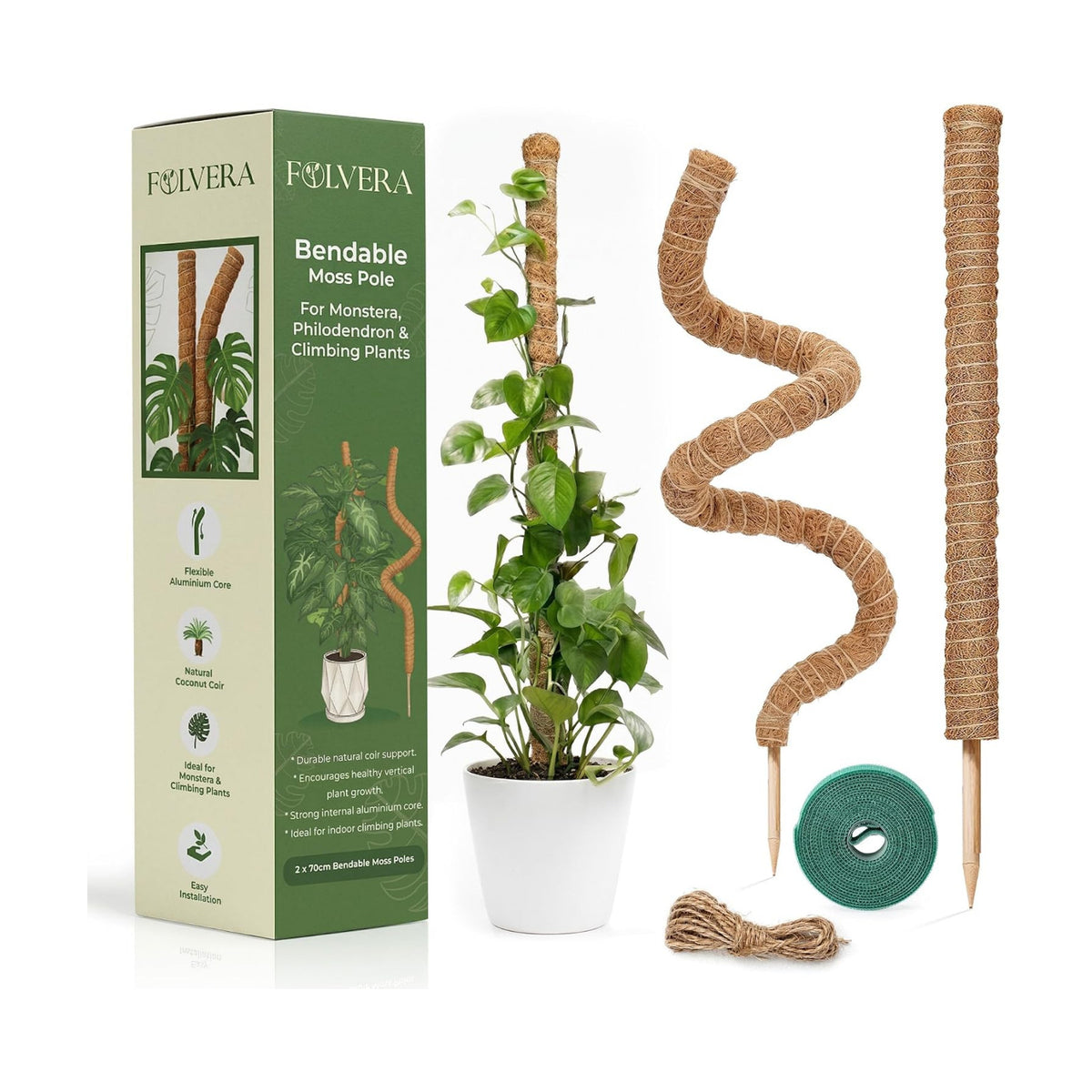 Bendable Moss Pole for Monstera – 2 Pack, 28 Inch Coco Coir Plant Support for Climbing Plants, Philodendron & Pothos, Flexible Aluminum Core for Indoor Plants with Plant Ties