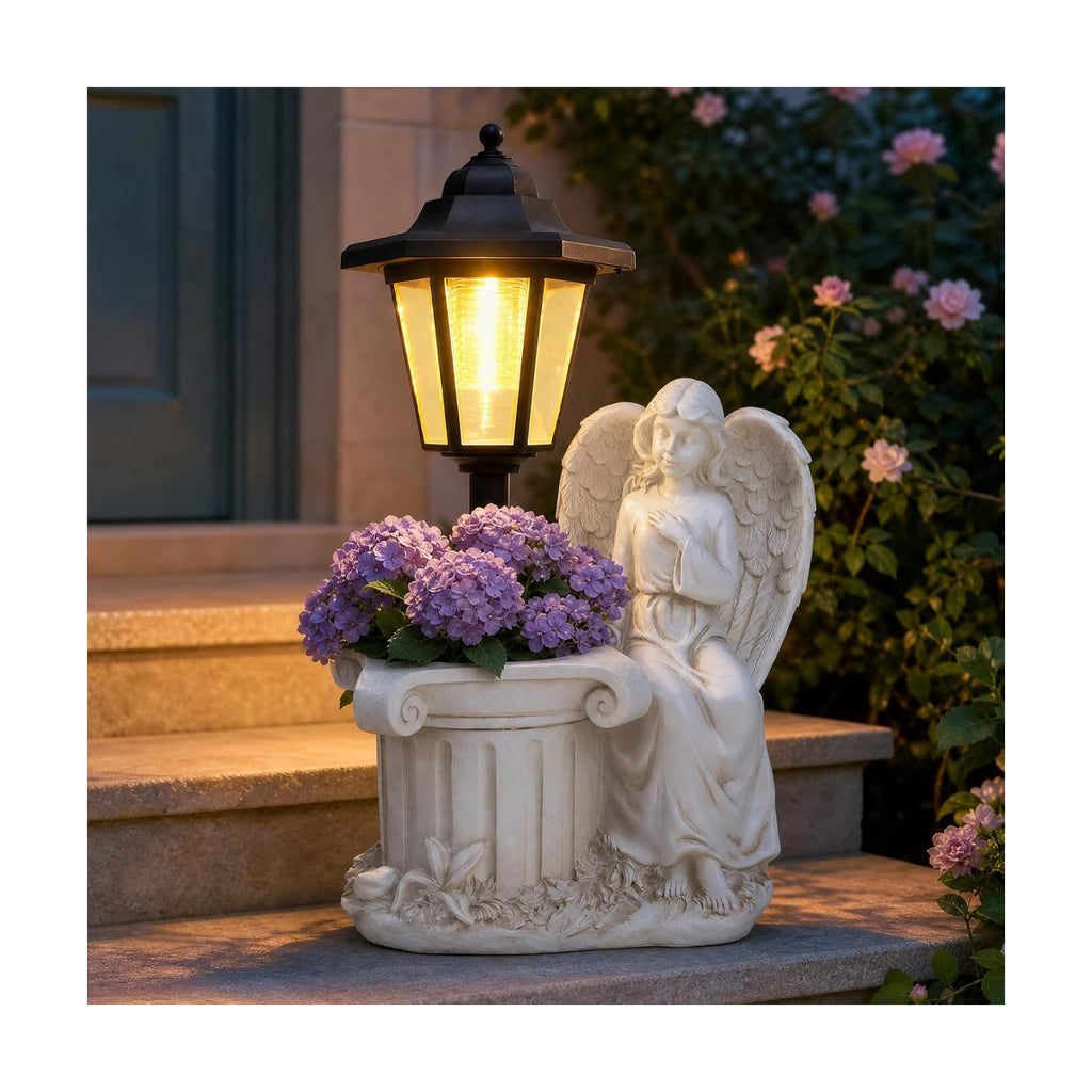 Solar Angel Outdoor Garden Statues with Lantern & Flower Pot | Resin Angel Figurines for Yard Lawn Porch Patio Balcony