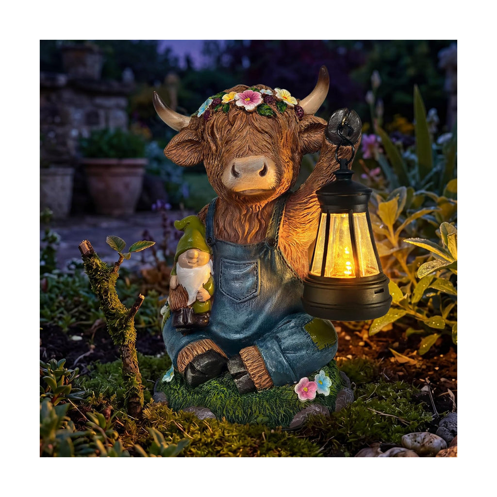 Solar Highland Cow Outdoor Statues Garden Decor with LED Light | Cute Animal Figurine Funny Resin Decoration for Patio