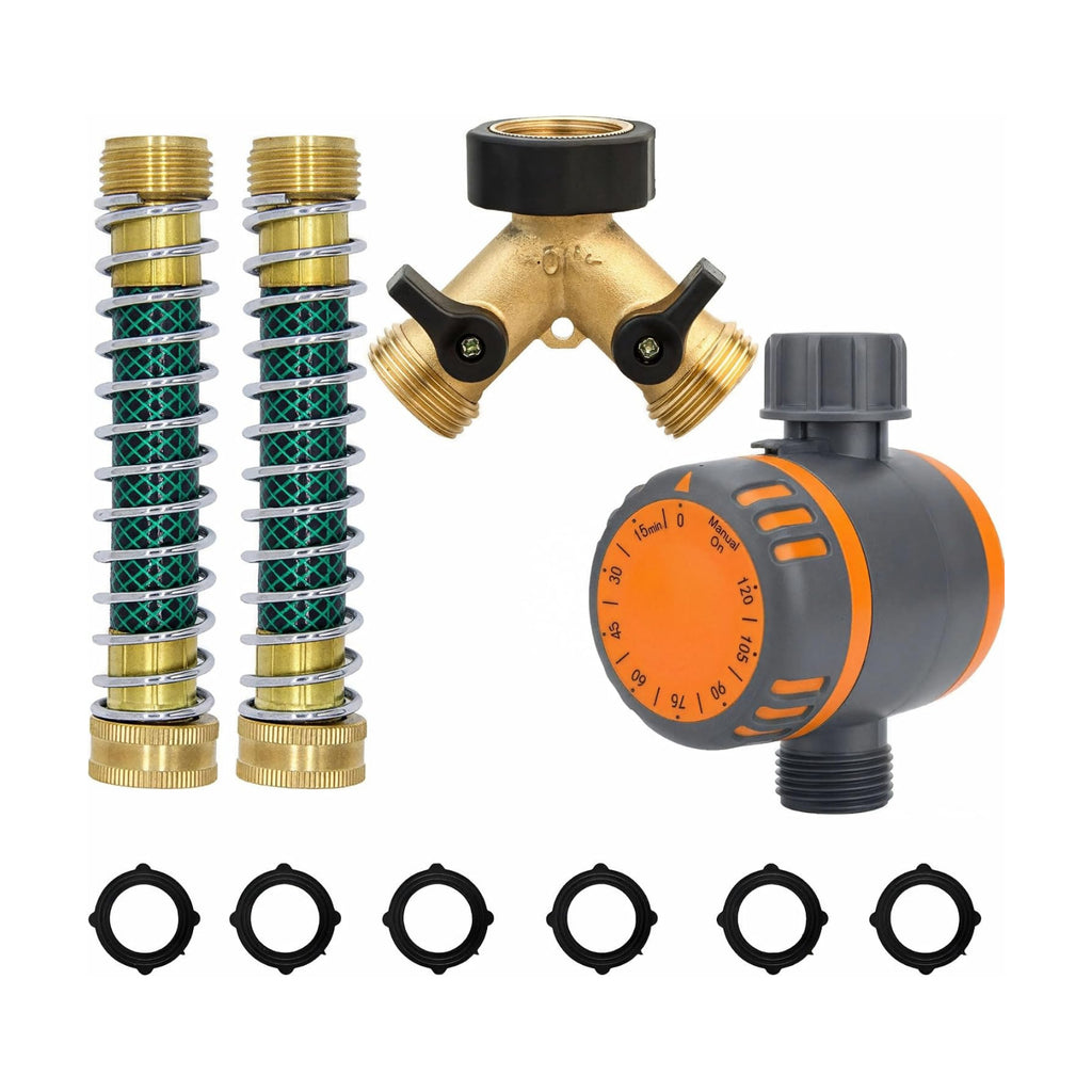 Heavy Duty 2 Way Brass Garden Hose Splitter with Shut Off Valves, Outdoor Faucet Connector with Water Timer, Anti Kink