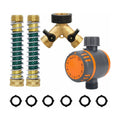 Heavy Duty 2 Way Brass Garden Hose Splitter with Shut Off Valves, Outdoor Faucet Connector with Water Timer, Anti Kink
