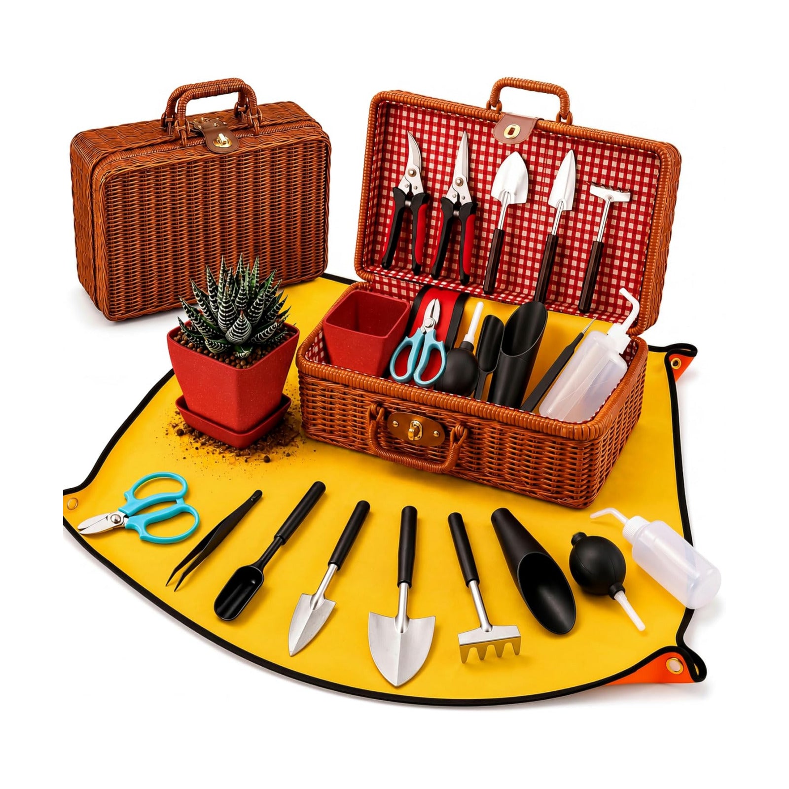 Repotting Mat and Planting Tools, Indoor Plants, Wicker Basket | All-in-one succulent repotting set, pruning shears