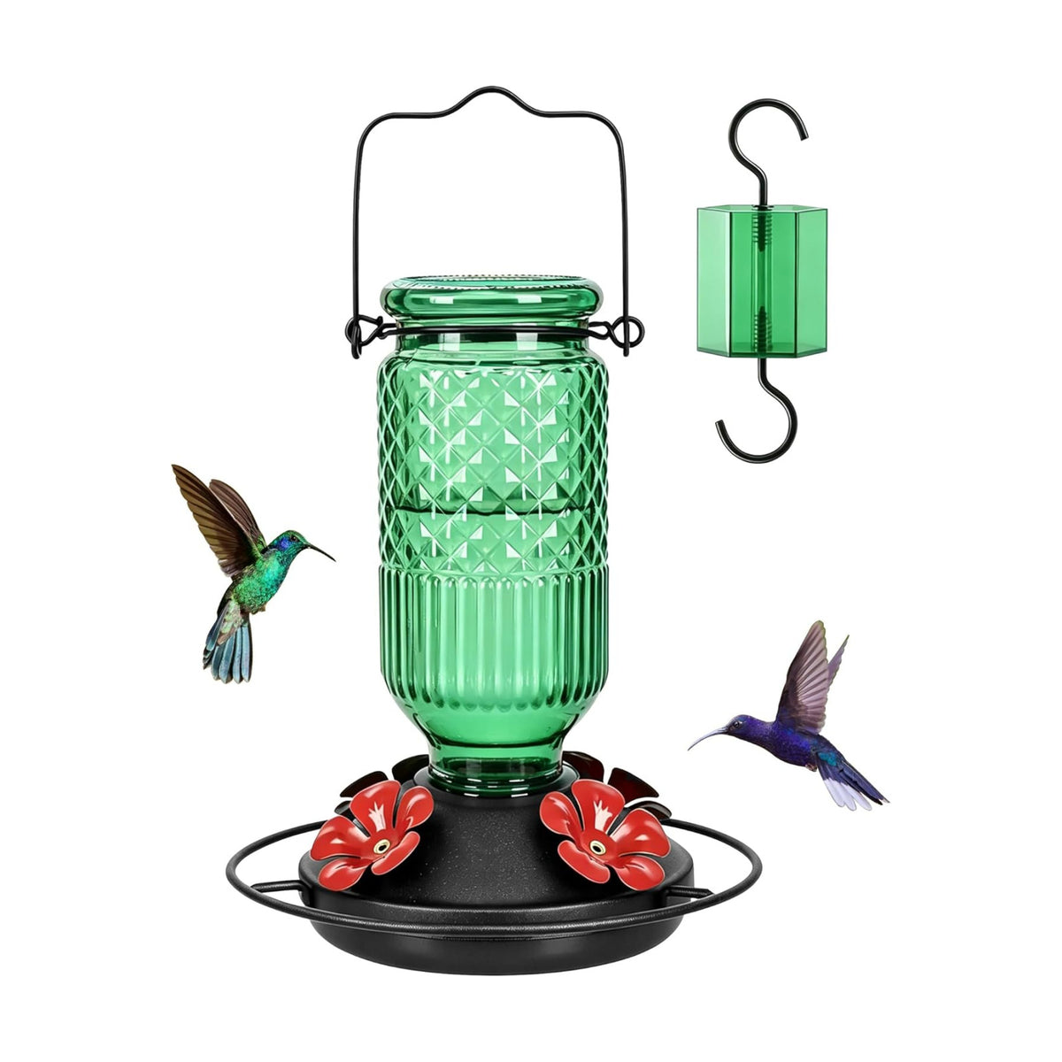 FEED GARDEN Glass Hummingbird Feeder, 16oz Outdoor Hanging Bird Feeder with Ant Moat, 4 Bee-Proof Feeding Ports, 360° Perch, Leak-Proof, Green