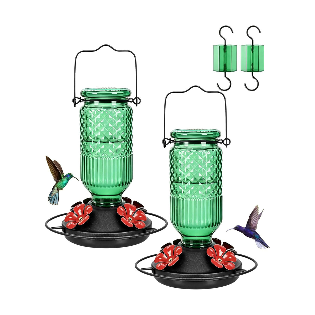 FEED GARDEN Glass Hummingbird Feeder 2 Pack, 16oz Leak-Proof with Ant Moat & Bee Guards, Easy Clean Wide Mouth, Metal Perches, Green Outdoor Hanging