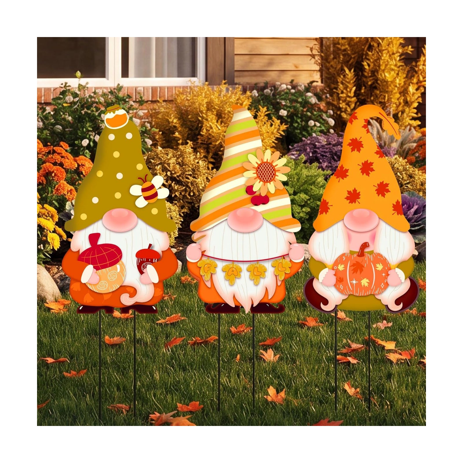 3 Pcs Fall Gnome Stakes Metal Autumn Garden Decor for Outside | Yard Signs Outdoor Decor Harvest Welcome for
