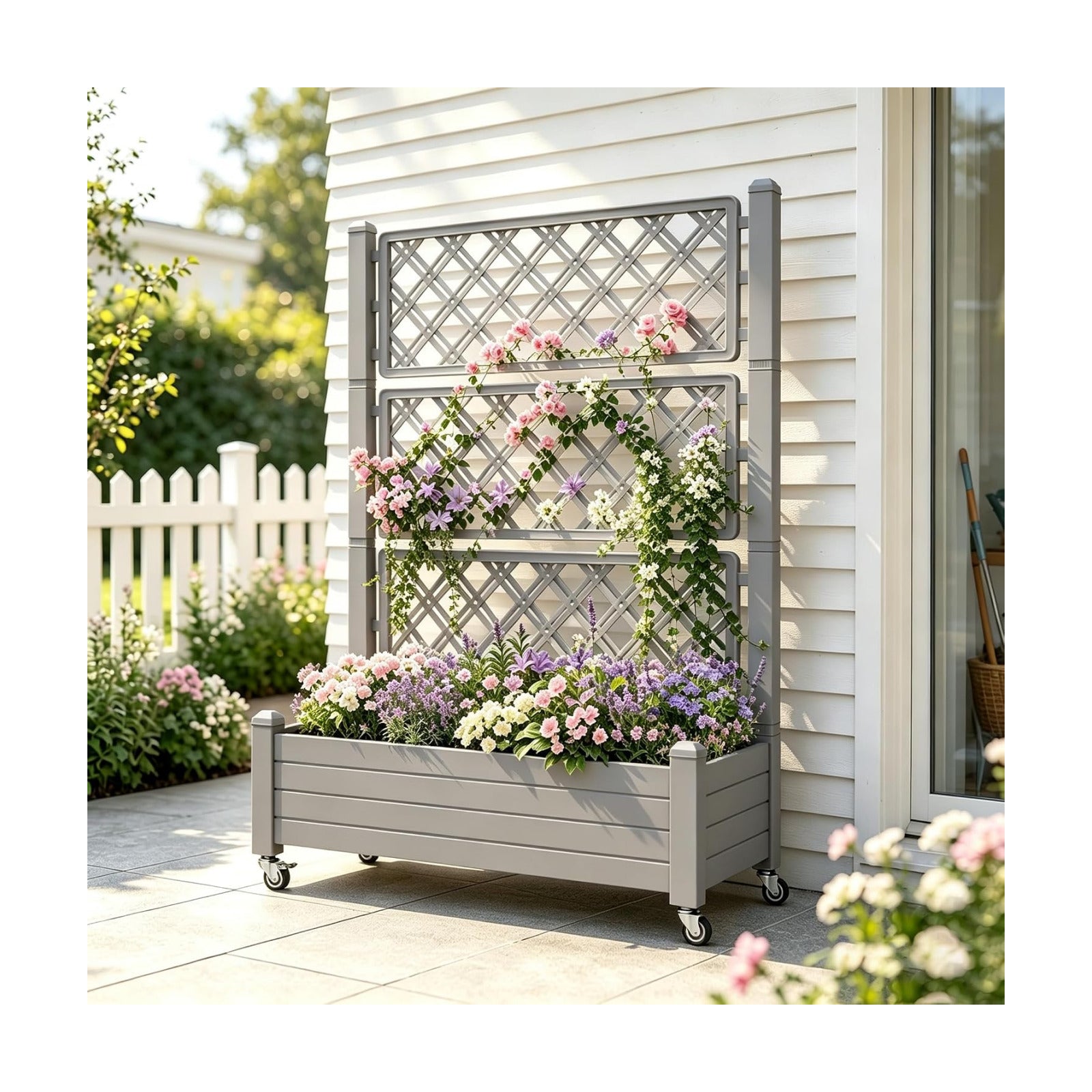 Fancyango Raised Garden Bed with Wheels 61.2" H -Gray | Resin Elevated Garden Planter Box with Trellis, Outdoor Planter