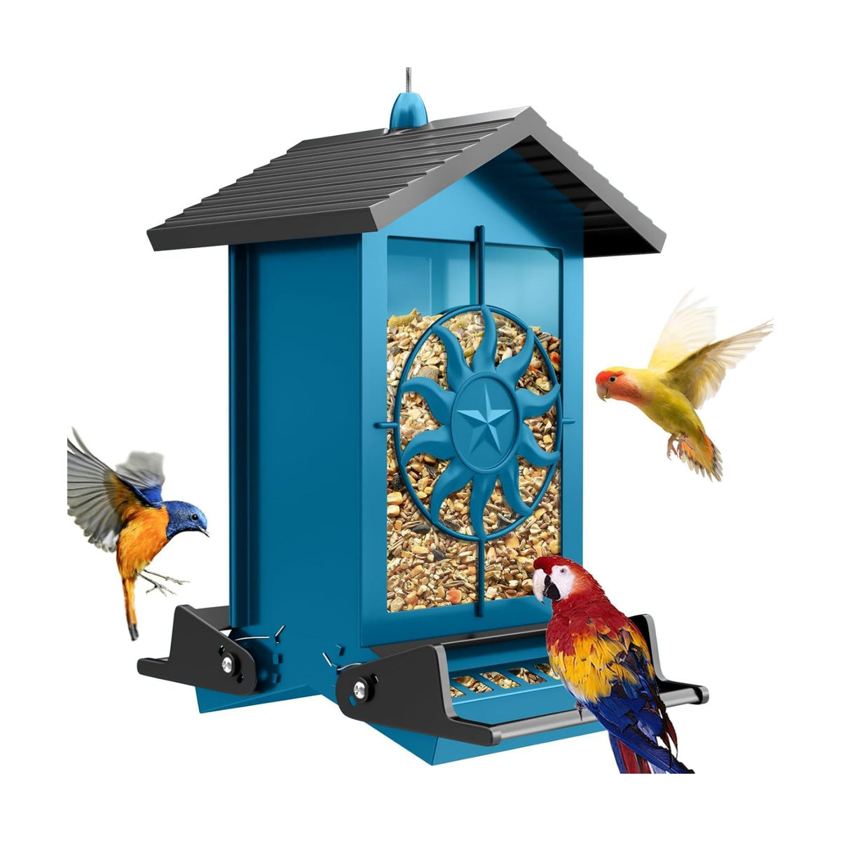 Squirrel Proof Bird Feeders for Outdoors with Weight-Activated, 5LB Large Metal Wild Bird Feeders for Cardinals,Blue Jay,Finch, Weatherproof Durable Hanging Bird Feeder for Backyard,Garden (Blue)